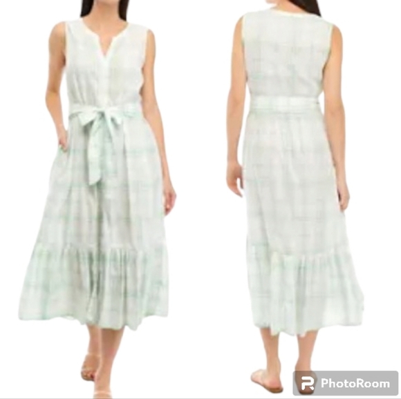 Chaps Dresses & Skirts - Chaps Mint Plaid Sleeveless Midi Shirtdress Belted